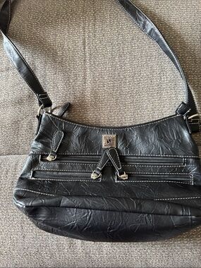 Stone & Co. Black Faux Leather Shoulder Bag with Dual Zips